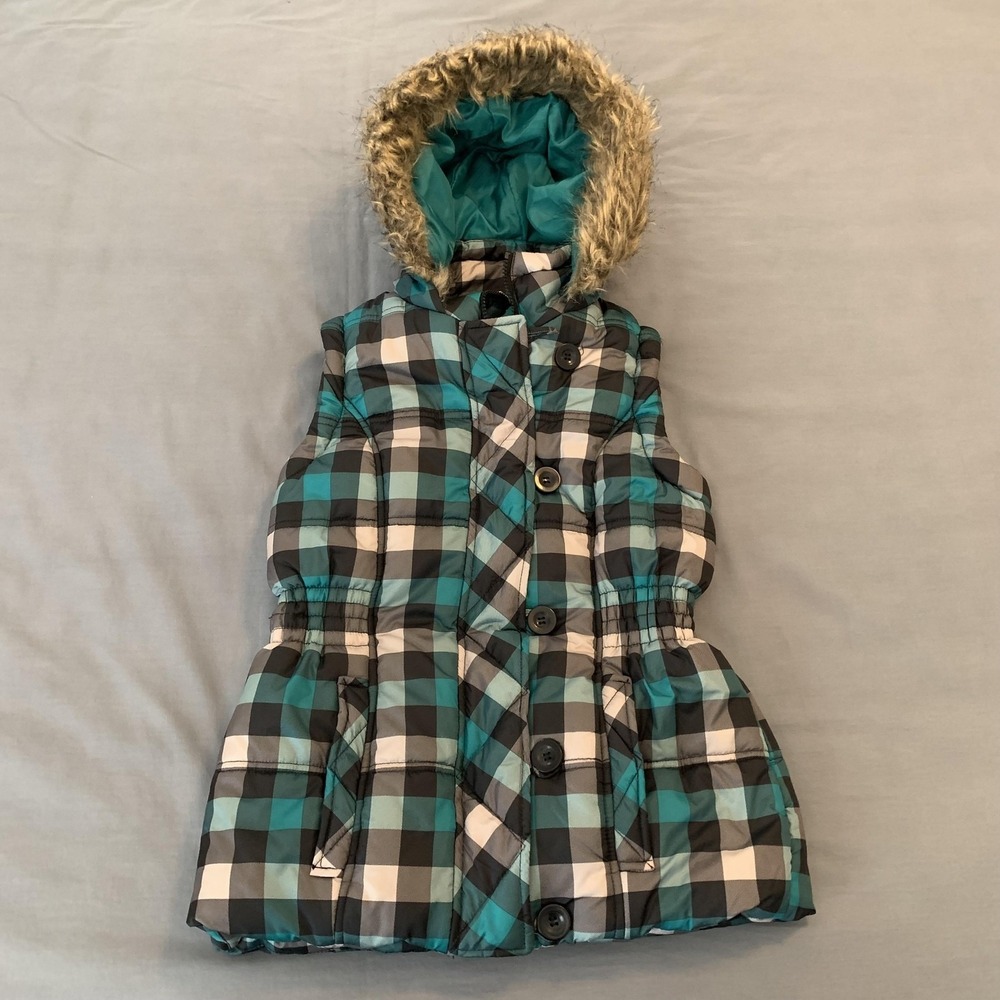 Krush Vest Girls M Multicolor Plaid Hooded Faux Fur Trim Puffer Jacket